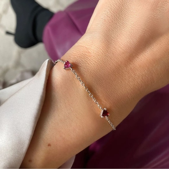 Natural Ruby and Garnet Heart Shape 925 Sterling Silver Dainty Bracelet - Picture 1 of 3